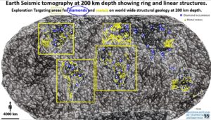 Figure 55. Global seismic tomography at 200 km depth showing Diamond mines.